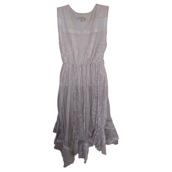 Boho Lace Ruffle Dress Beige Sheer V-Neck Sleeveless coquette elegant whimsical - Picture 2 of 7